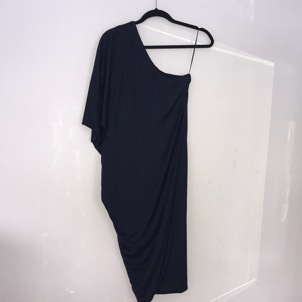 Navy one-shoulder dress by Linda Baday worn once